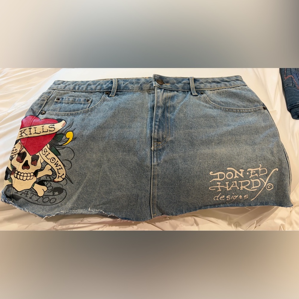 Ed Hardy Distressed Blue Denim Mini Skirt with Tattoo-Style Patch